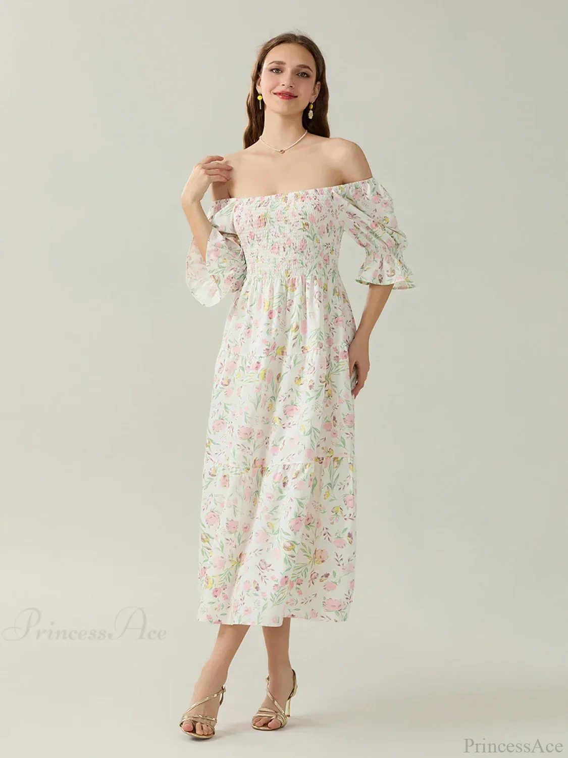 Elegant Off-Shoulder Party Half Sleeve Square Neck A-line Floral Dress
