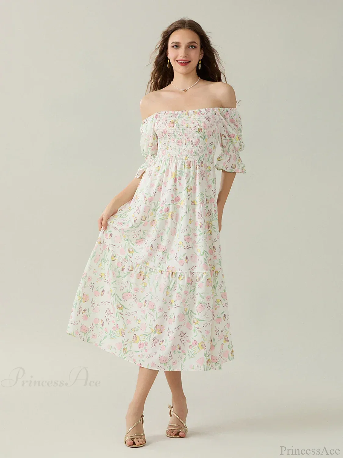 Elegant Off-Shoulder Party Half Sleeve Square Neck A-line Floral Dress - Image 3