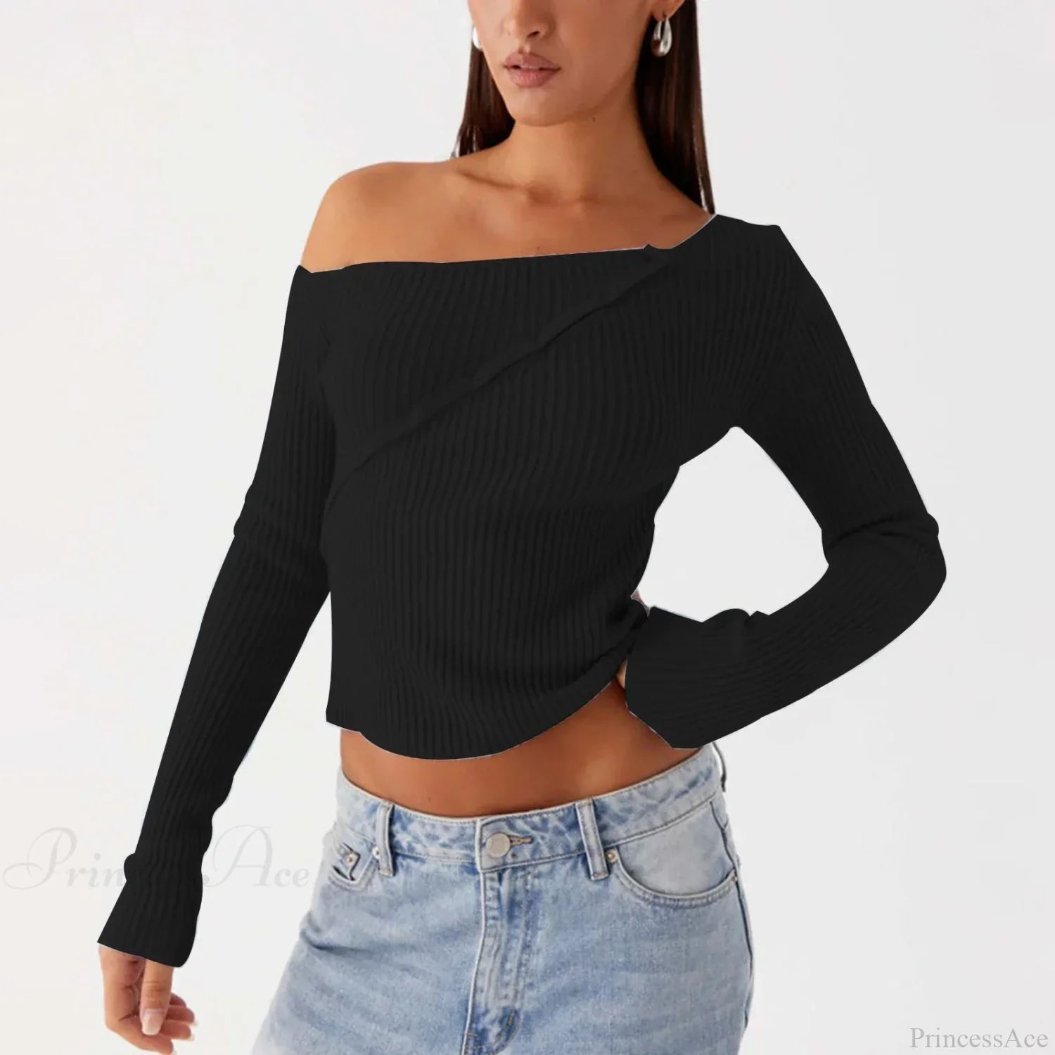 Elegant Off Shoulder Ribbed Solid Crop Slim Fit Knit Top - Image 6
