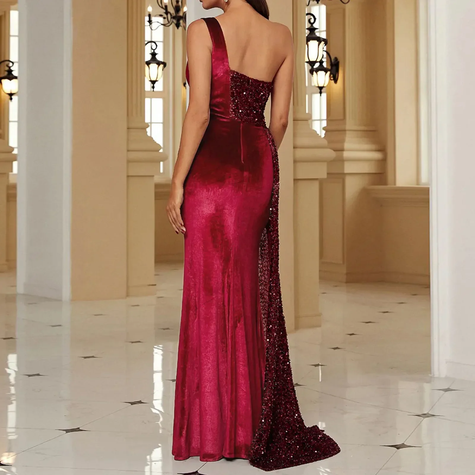 Elegant One Shoulder Draped Split Wedding Party Prom Formal Long Gown Party Dress - Image 2