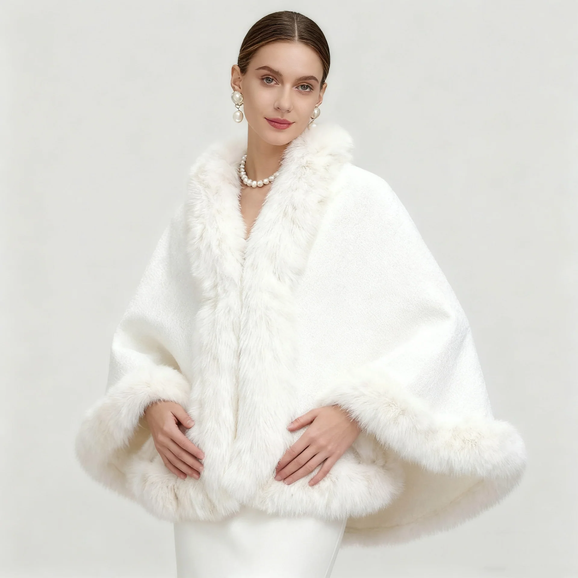 Elegant Oversized Faux Fur Paneled Cape Coat - Image 5