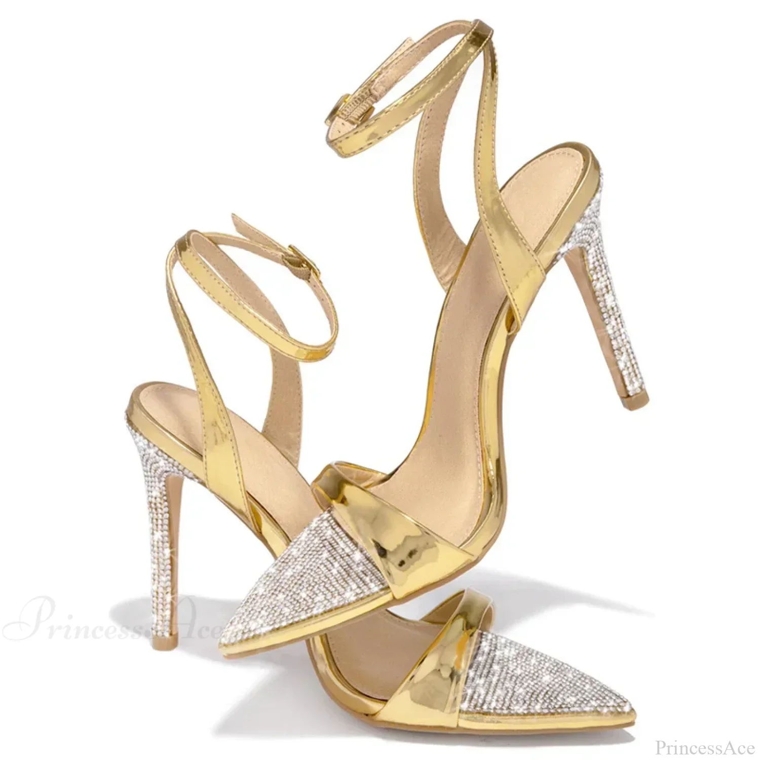Elegant Party Sandals Wedding Banquet Shoes Crystal Rhinestones Pointed-Toe Stripper High-Heels Gold High Heel - Image 3
