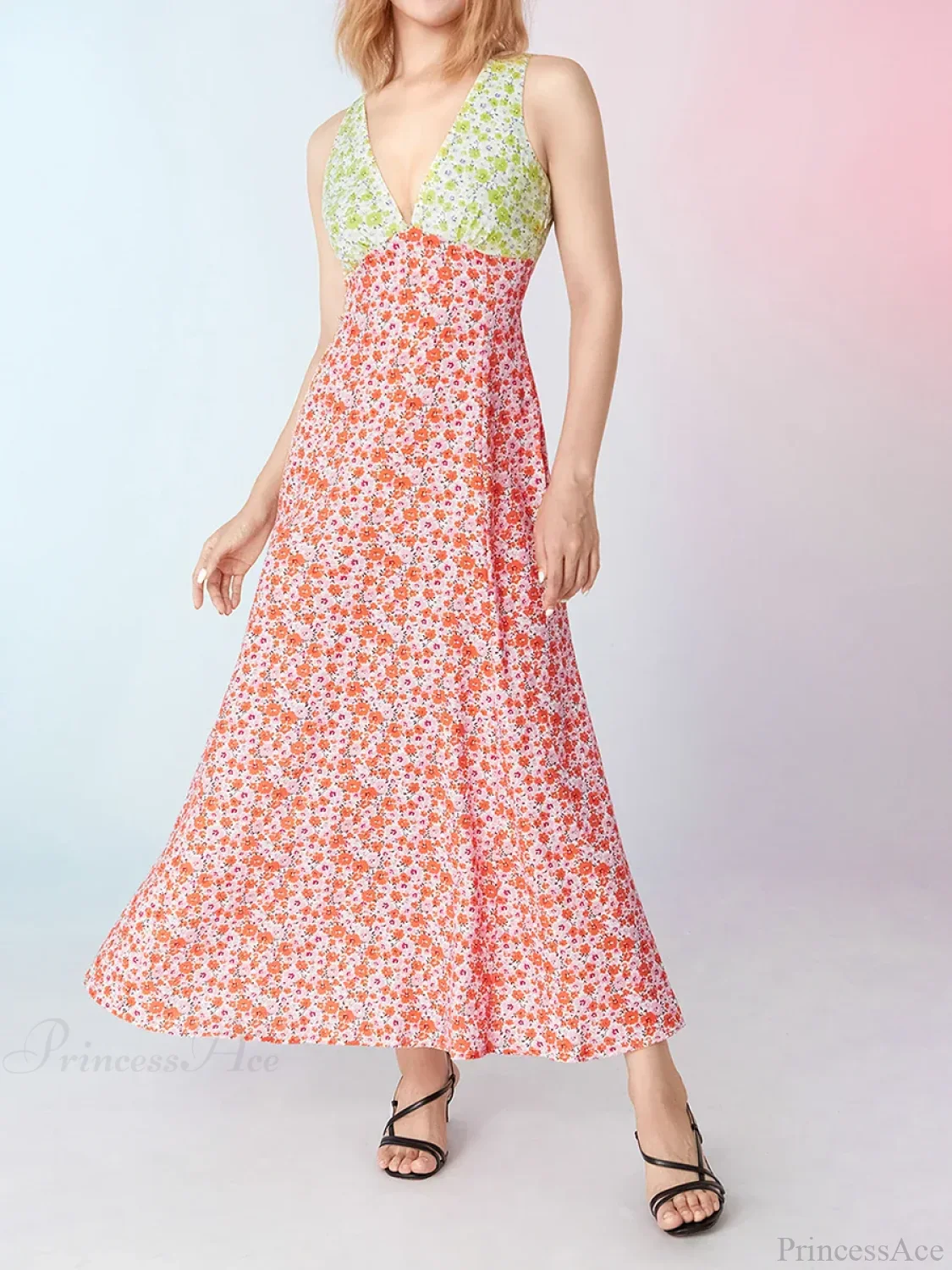 Elegant Patch Color Floral Flowy Backless V-neck Tank Beach Floral Dress - Image 8