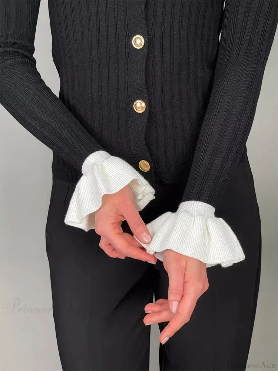 Elegant Patchwork Ruffle Long Sleeve Cardigan - Image 3