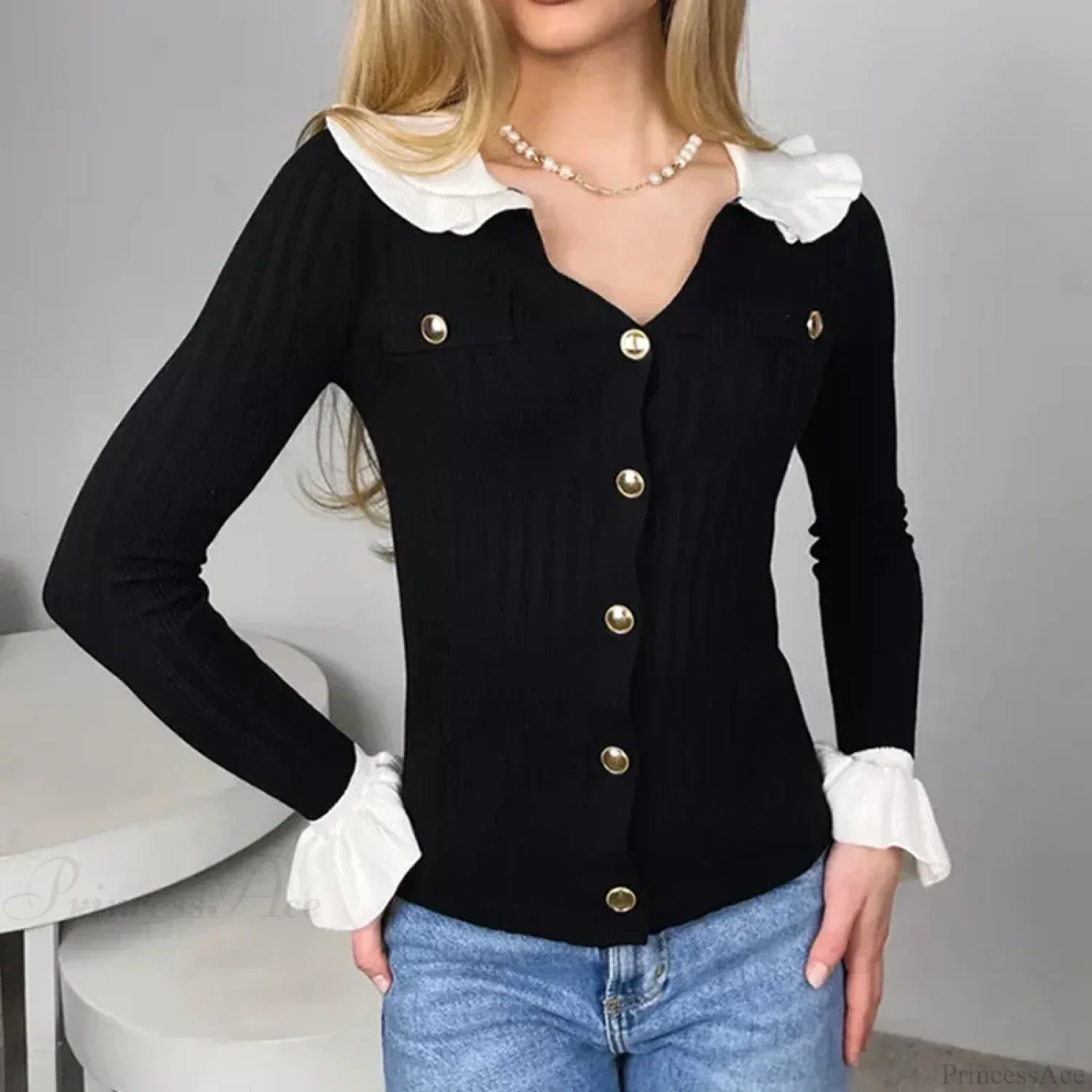 Elegant Patchwork Ruffle Long Sleeve Cardigan - Image 7