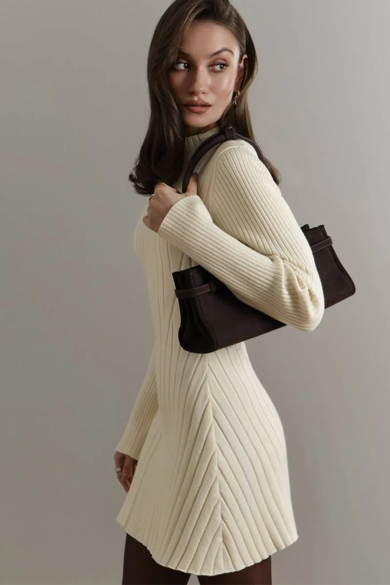 Elegant Playful Knit Mock Neck Long Sleeve A Line Mini Dress - Image 2