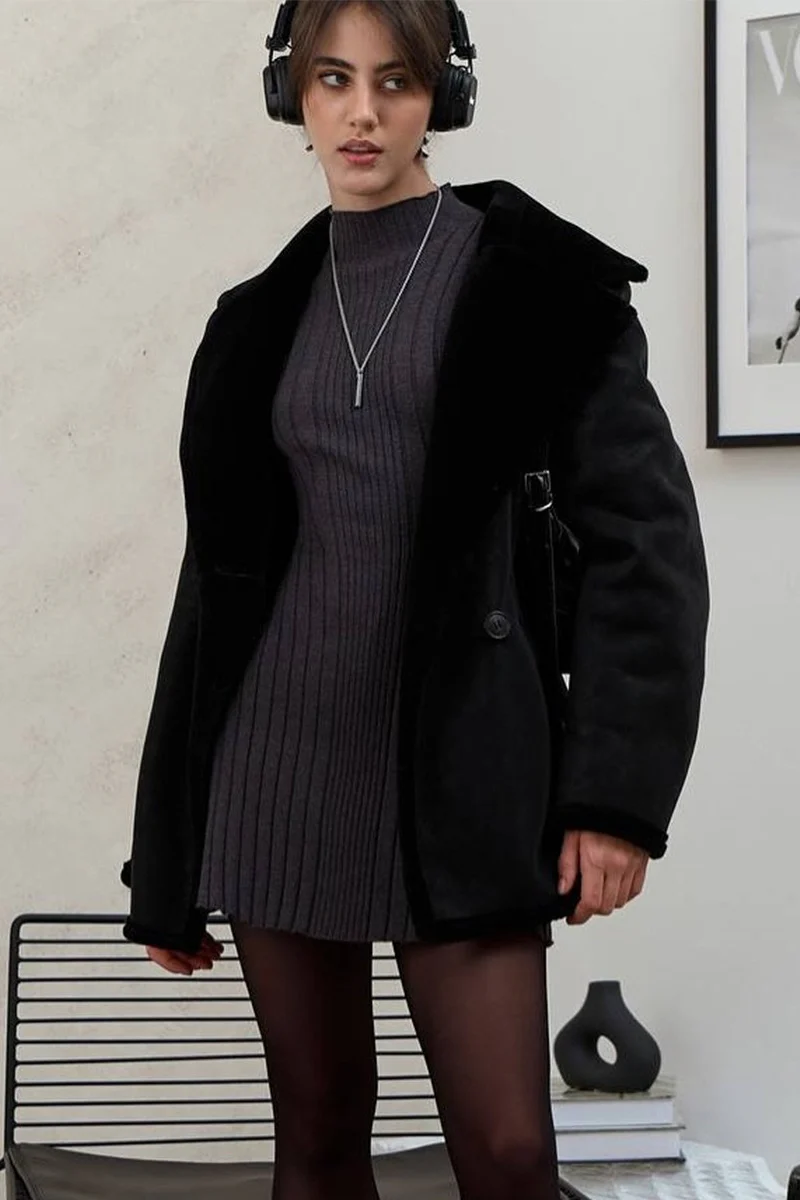 Elegant Playful Knit Mock Neck Long Sleeve A Line Mini Dress - Image 4