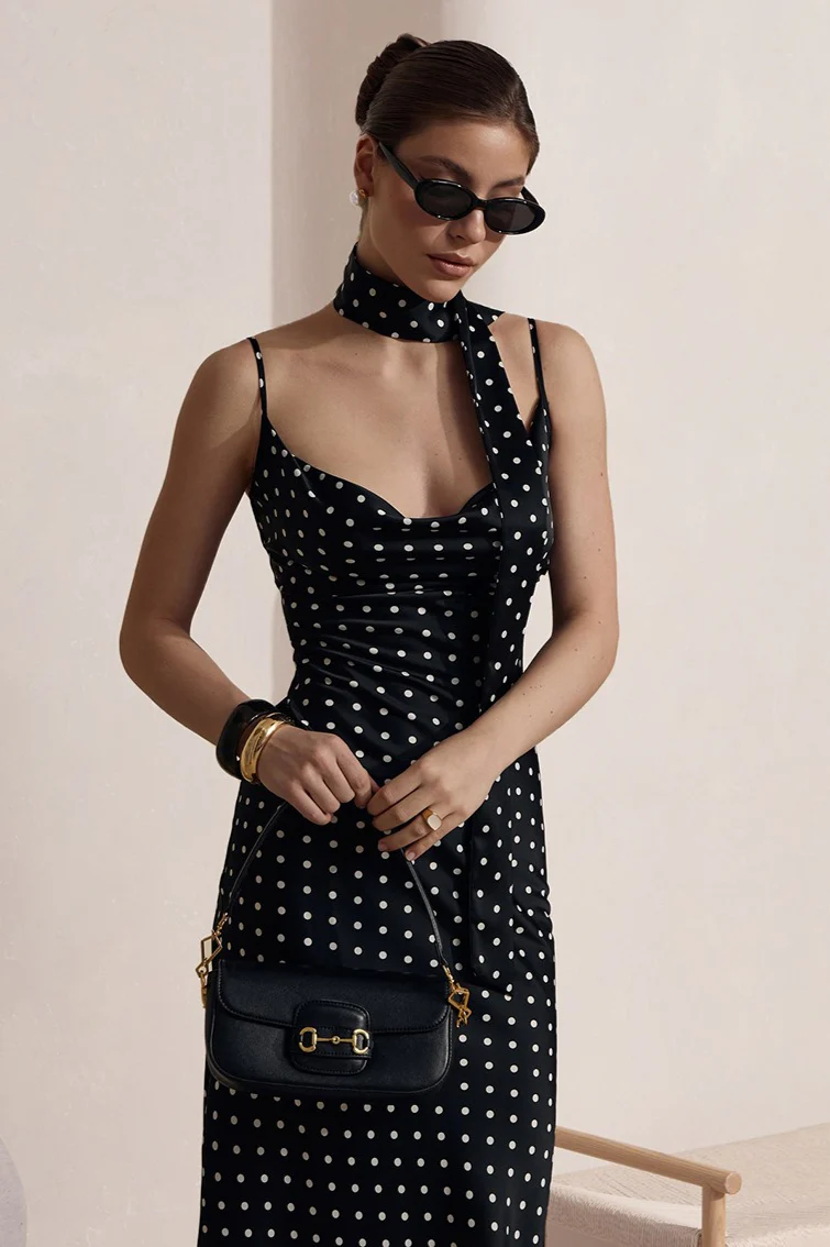 Elegant Polka Dot Cowl Neck Maxi Dress - Image 3
