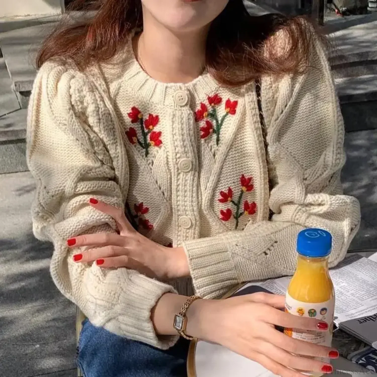Elegant Print Single Breasted Knit Cardigan - Image 2