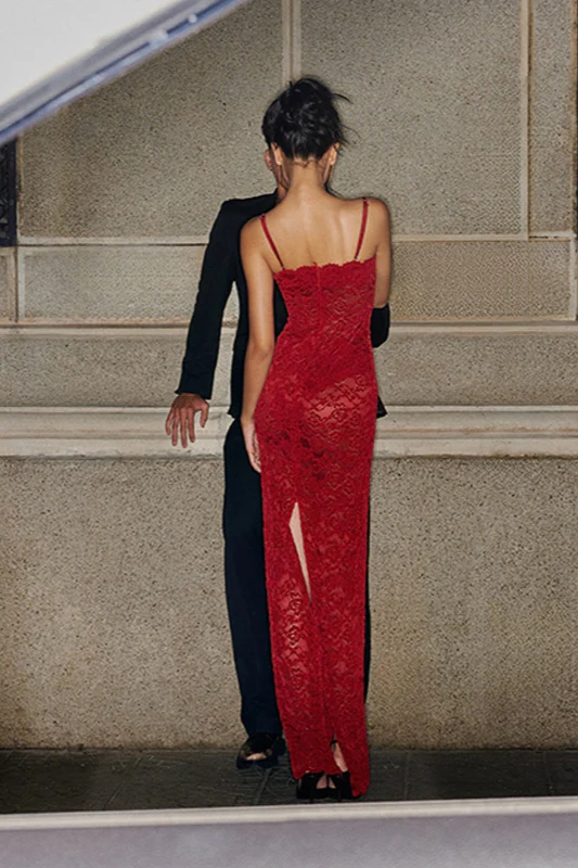 Elegant Red Lace Strapless Cami Bodycon Maxi Dress - Image 7