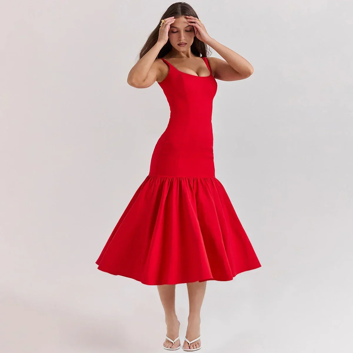 Elegant Red Spaghetti Strap Midi Holiday Dress Casual Birthday Party Dresses Party Dress - Image 3