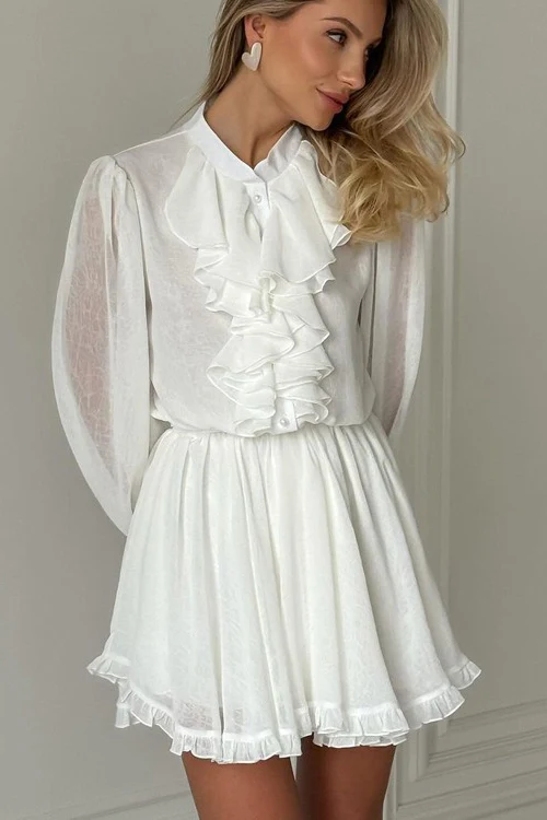 Elegant Ruffled Stand Collar Long Sleeve Mini Dress - Image 3