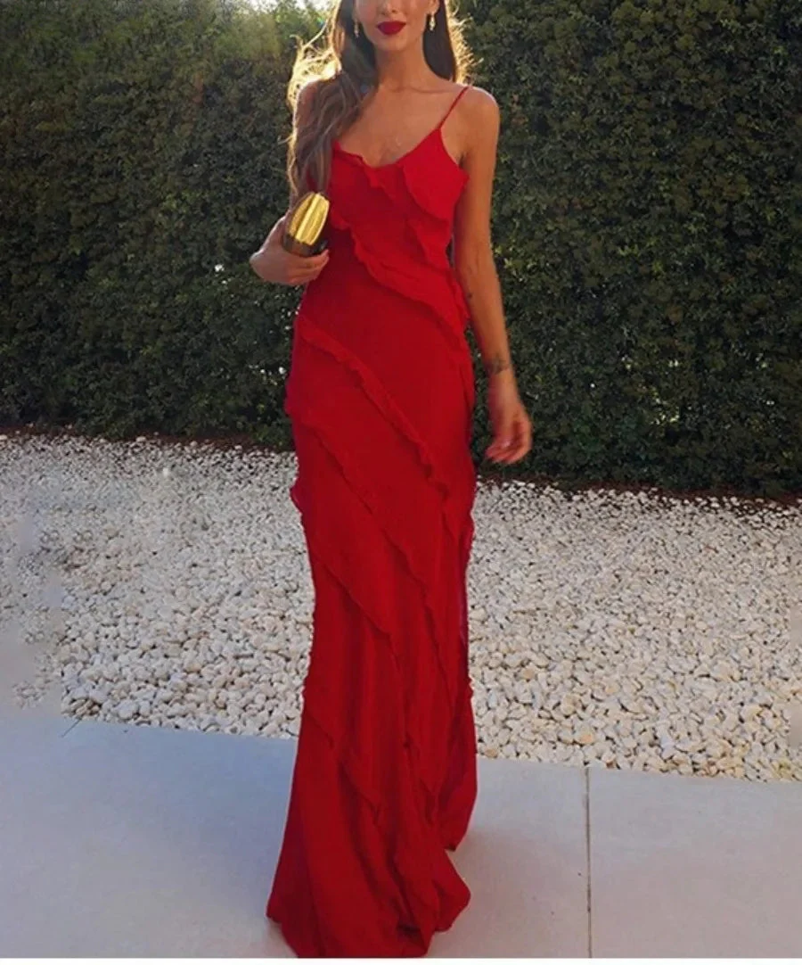 Elegant Ruffles Chiffon Backless Split Maxi Red Party Dress