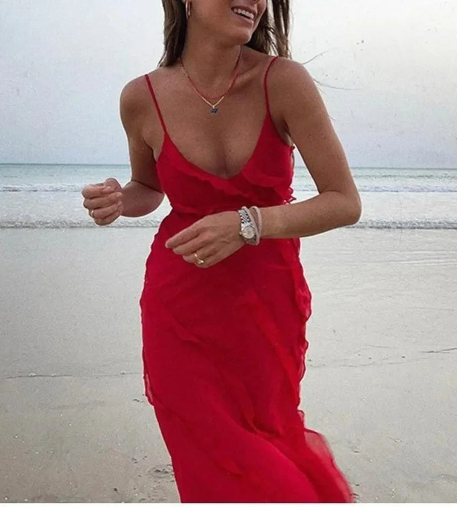 Elegant Ruffles Chiffon Backless Split Maxi Red Party Dress - Image 3