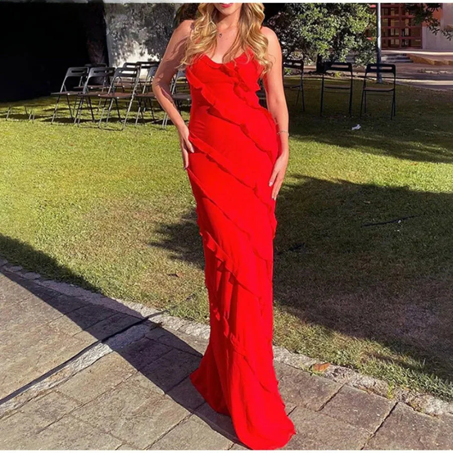 Elegant Ruffles Chiffon Backless Split Maxi Red Party Dress - Image 4