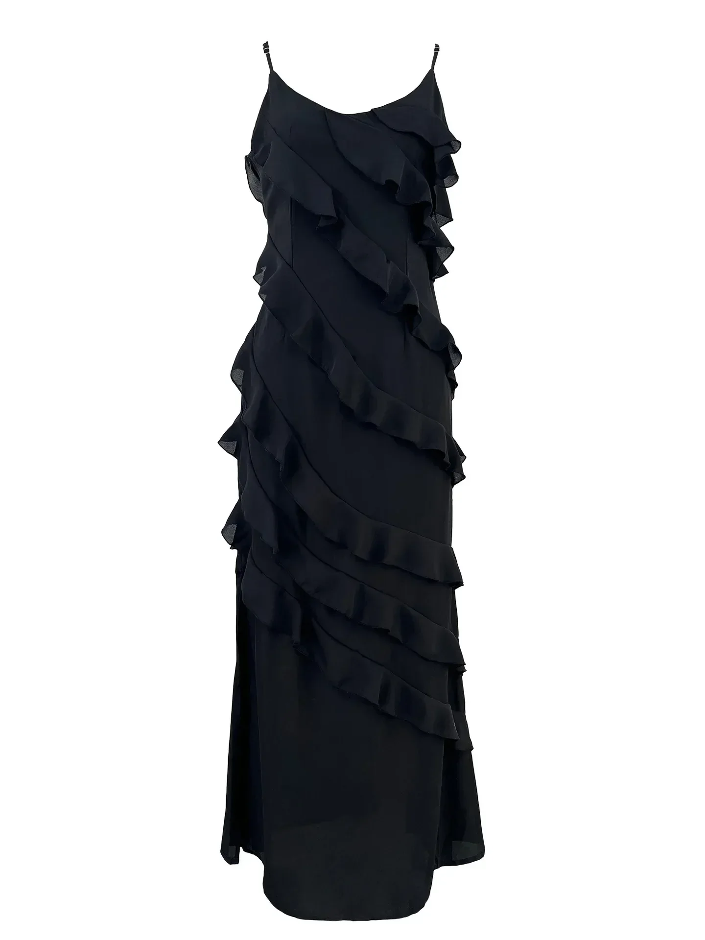 Elegant Ruffles Chiffon Backless Split Maxi Red Party Dress - Image 5