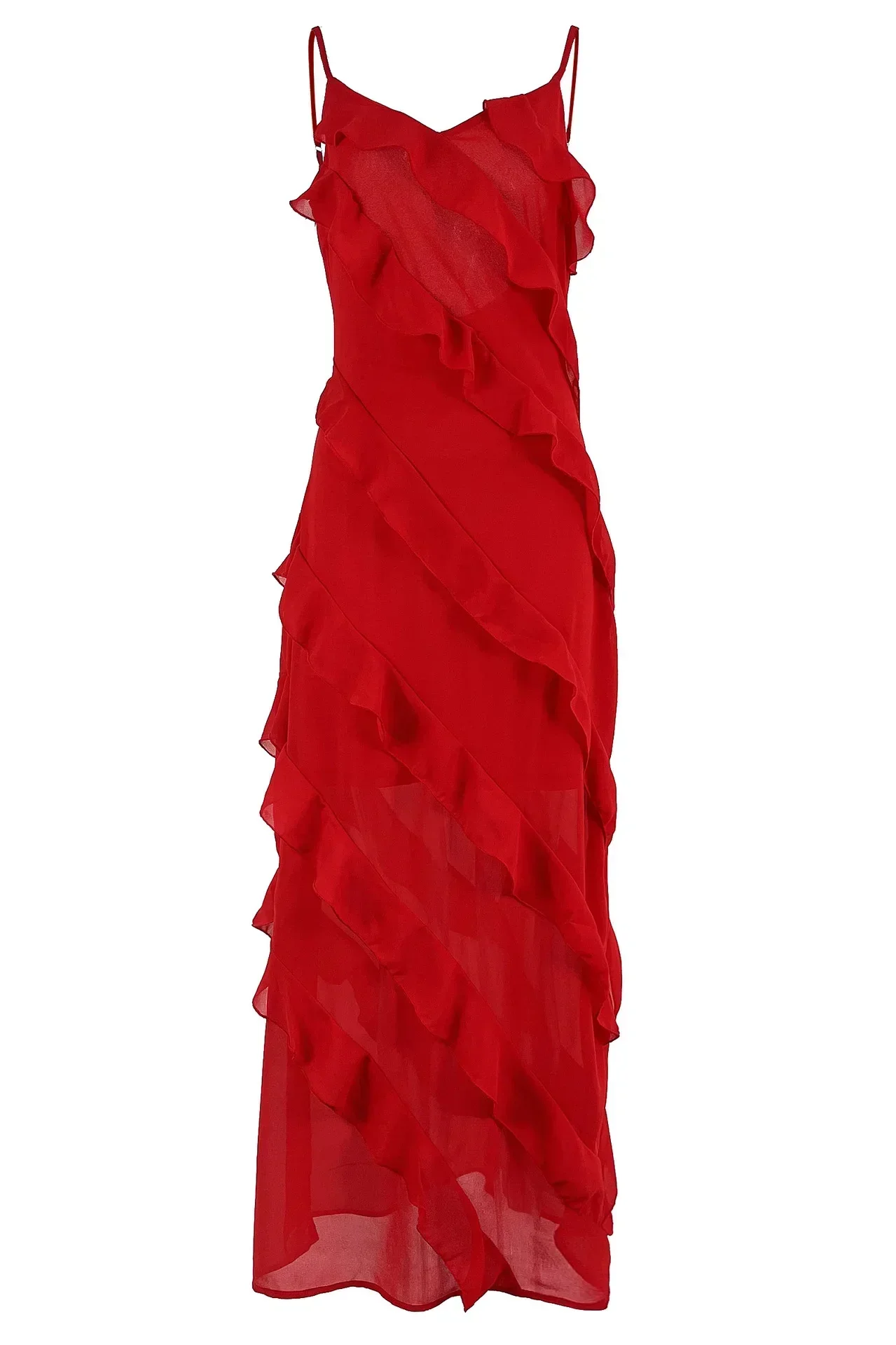 Elegant Ruffles Chiffon Backless Split Maxi Red Party Dress - Image 6