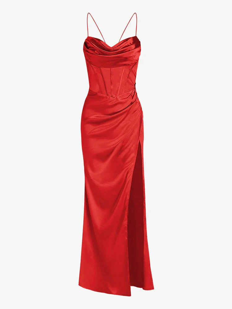 Elegant Satin Cowl Front Lace Up Corset Red Party Dress - Image 10