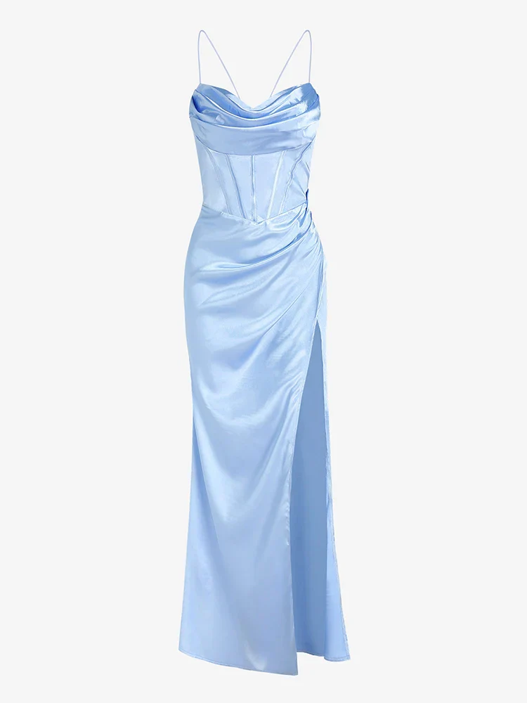 Elegant Satin Cowl Front Lace Up Corset Red Party Dress - Image 11