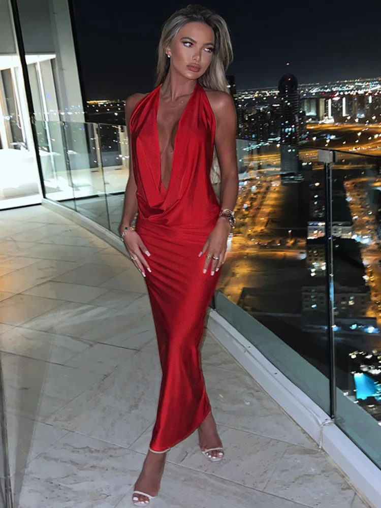 Elegant Satin Deep V Neck Sleeveless Maxi Party Dress