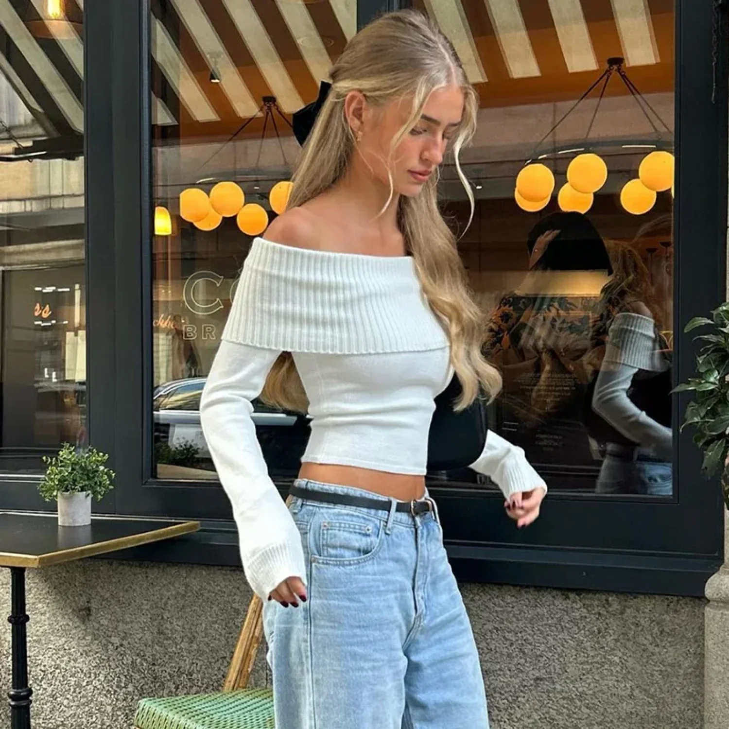 Elegant Slash-neck Ribbed Crop Top Sweater - Image 3