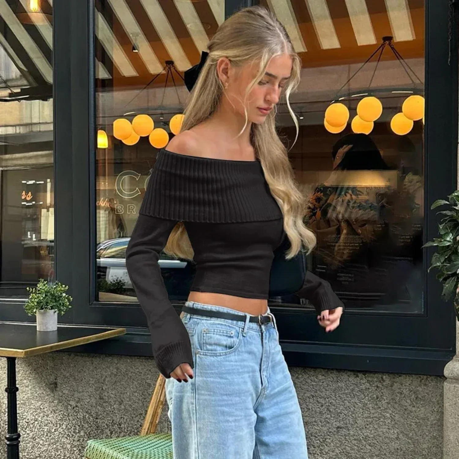 Elegant Slash-neck Ribbed Crop Top Sweater - Image 5