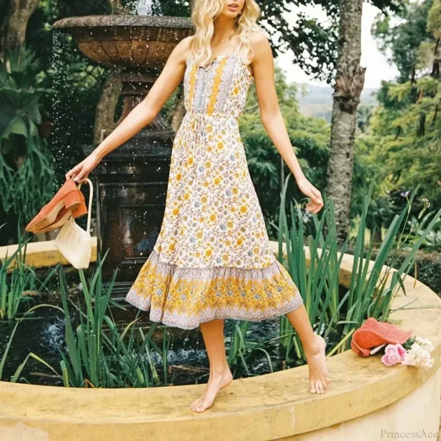 Elegant Sleeveless Floral Rayon Cotton Midi Boho Dress - Image 3