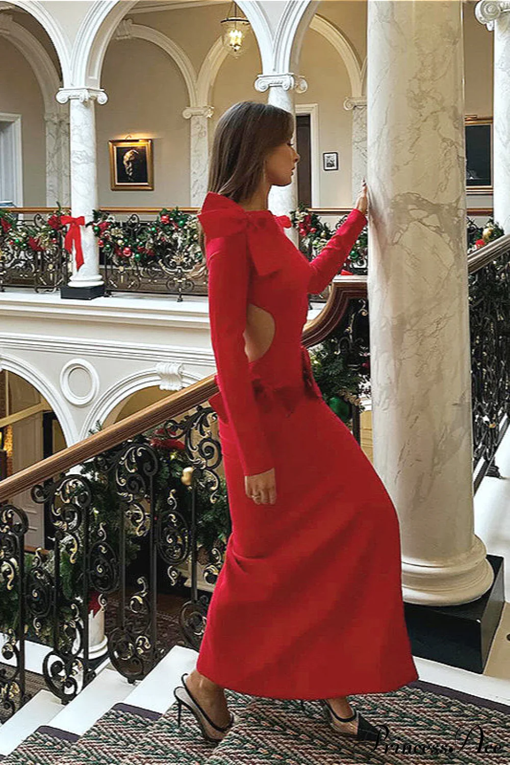 Elegant Solid Bow Cutout Slit Bodycon Backless Maxi Dress - Image 3