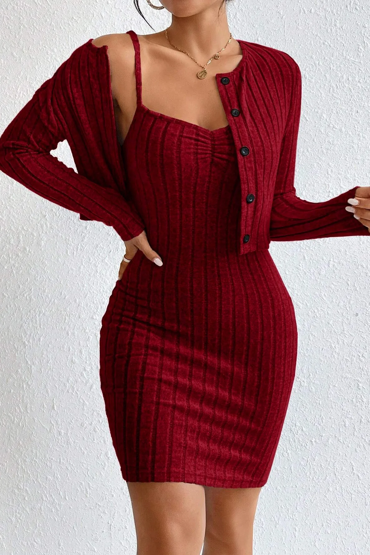 Elegant Solid Slim Crop Cardigan Dress Two Piece Set - Image 6