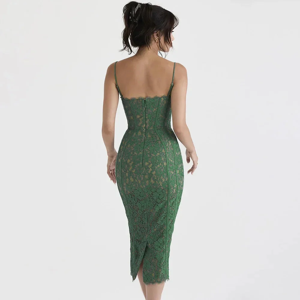 Elegant Spaghetti Strap V Neck Lace Formal Occasion Dress for Party - Image 5