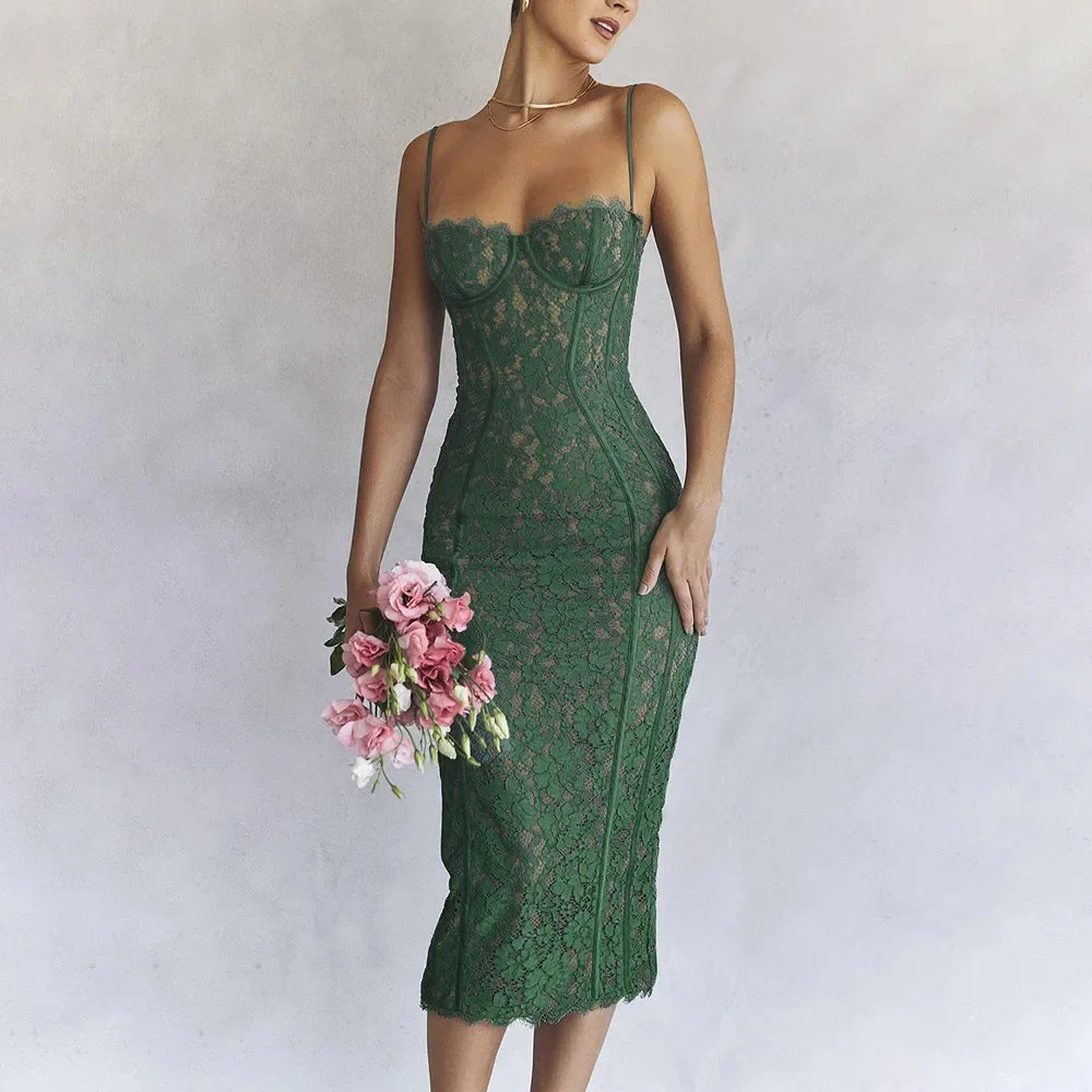 Elegant Spaghetti Strap V Neck Lace Formal Occasion Dress for Party - Image 7