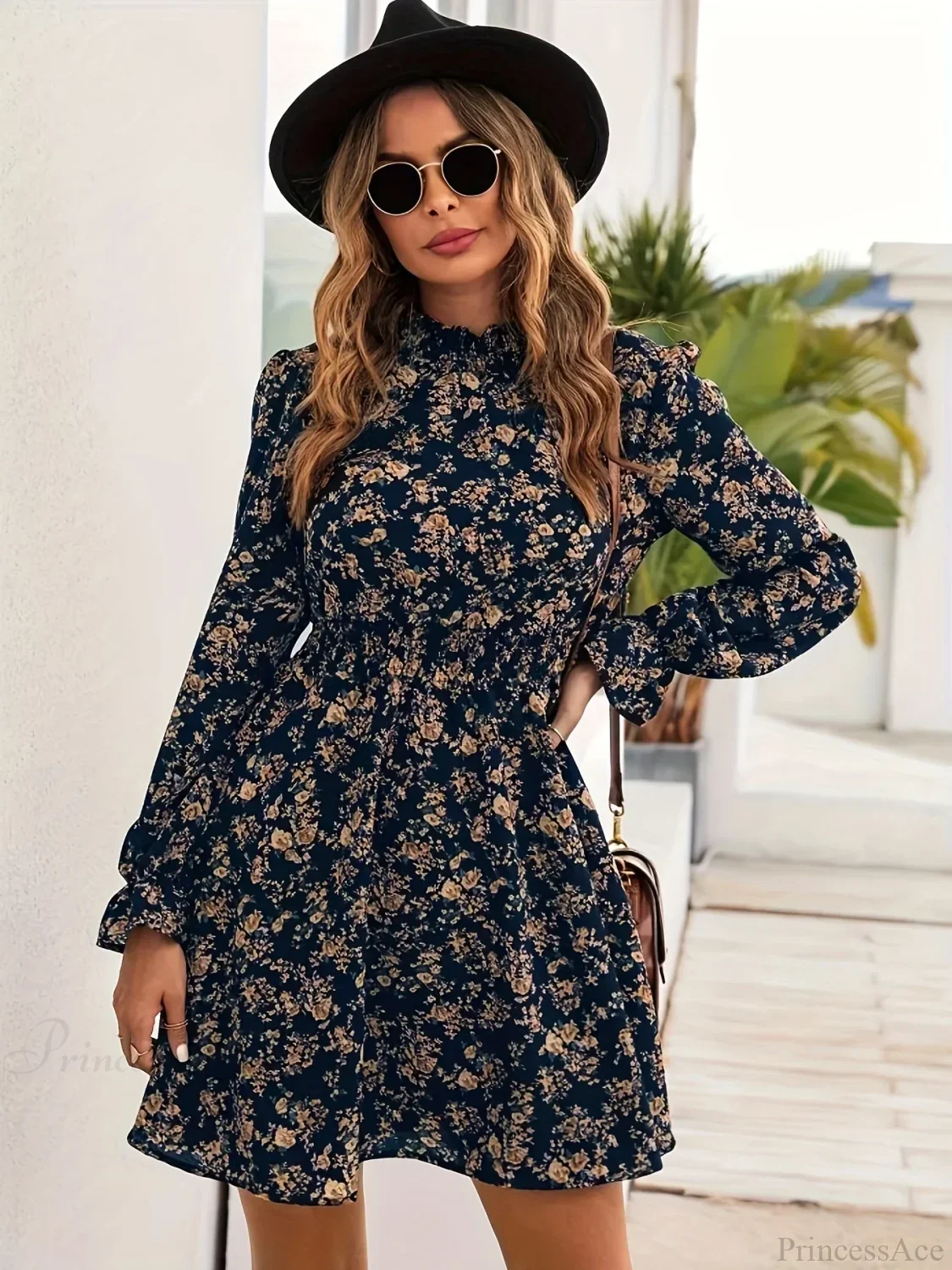 Elegant Spring Autumn Floral Print A-line Floral Dress