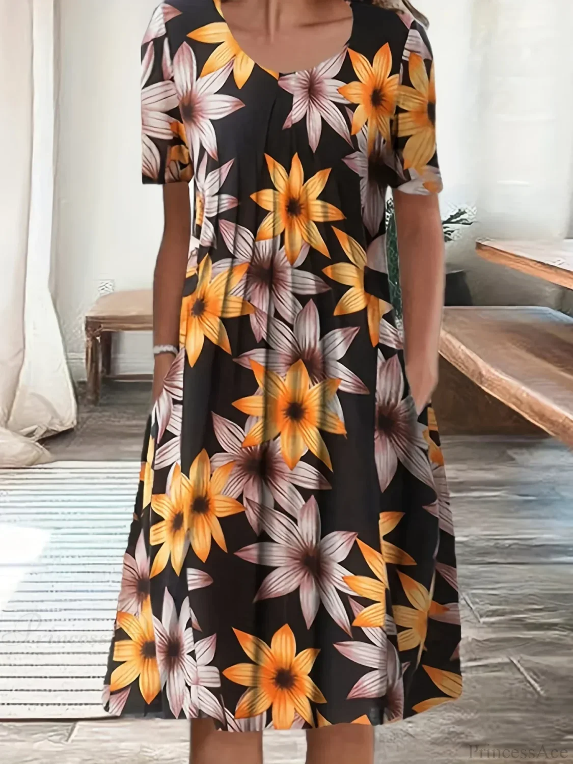 Elegant Spring Summer Round Neck Printed Floral Dress - Image 12