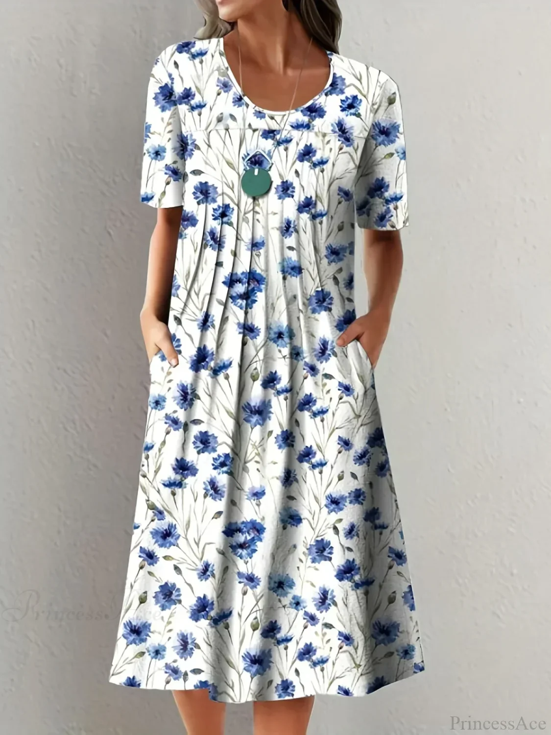 Elegant Spring Summer Round Neck Printed Floral Dress - Image 13