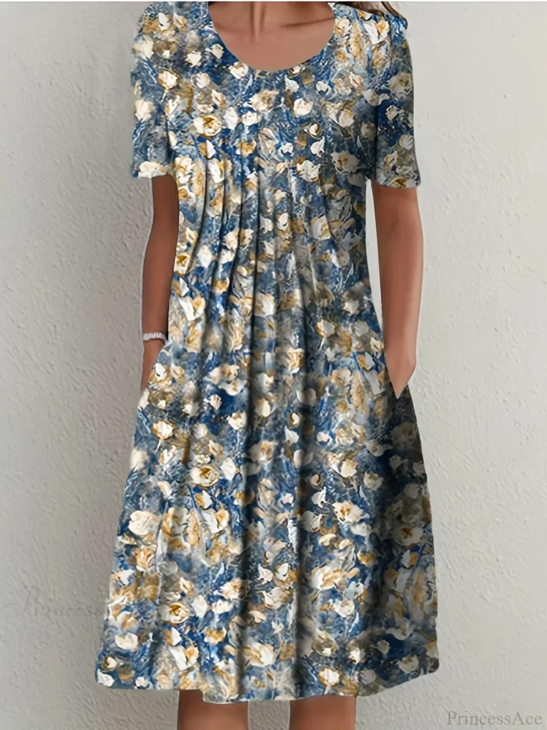 Elegant Spring Summer Round Neck Printed Floral Dress - Image 8