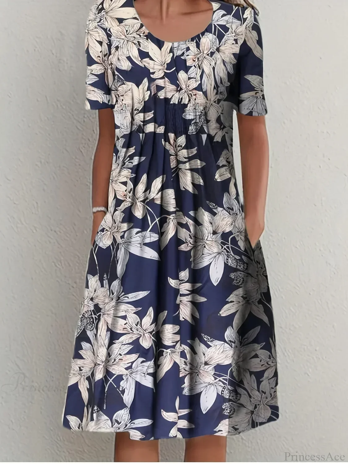 Elegant Spring Summer Round Neck Printed Floral Dress - Image 9