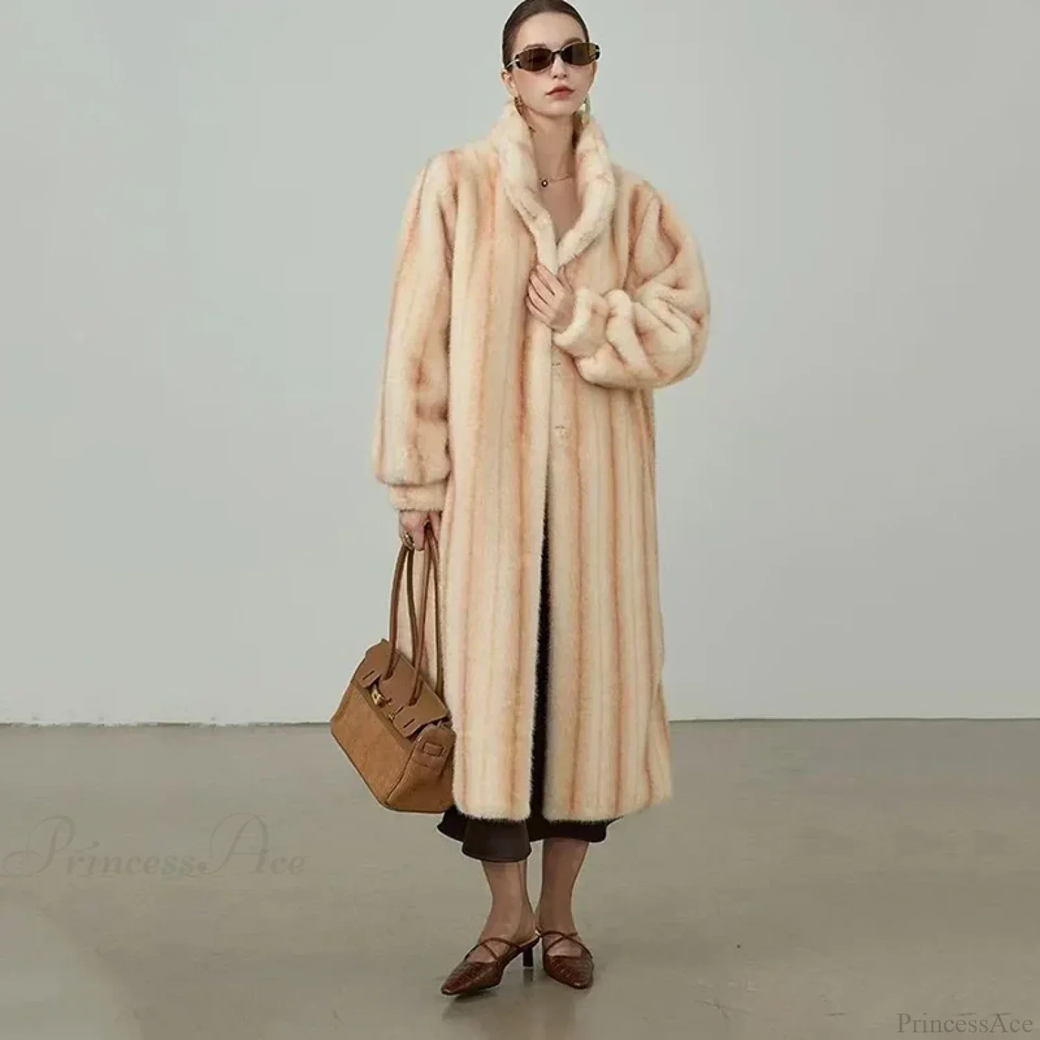 Elegant Standing Collar Faux Fur Mink Overcoat - Image 7