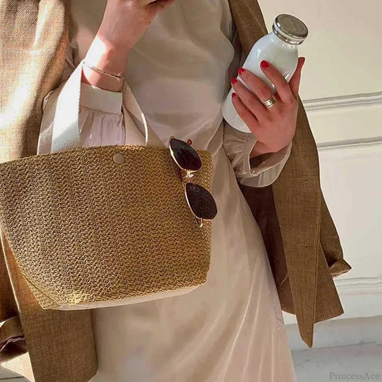 Elegant Straw Woven Beach Casual Top-Handle Shoulder Handbag - Image 3