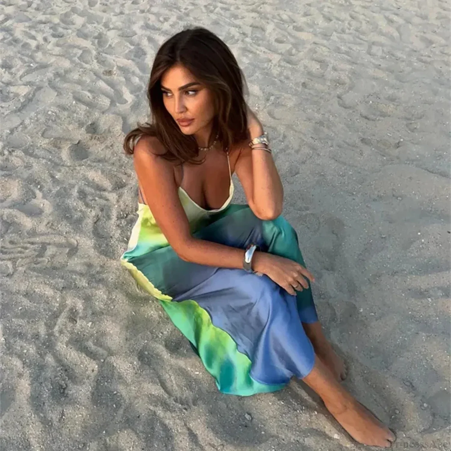 Elegant Tie Dye Satin Vacation Dress - Image 3
