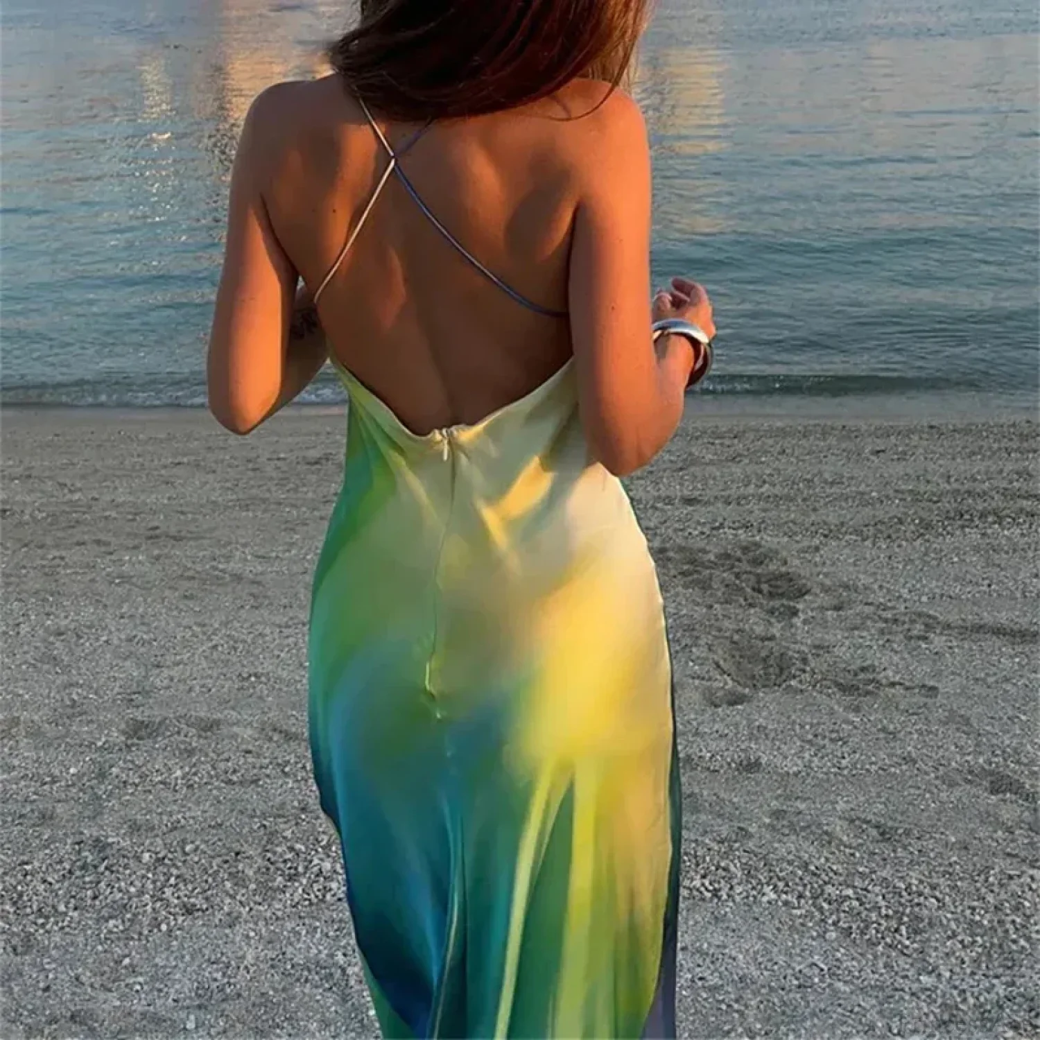 Elegant Tie Dye Satin Vacation Dress - Image 6