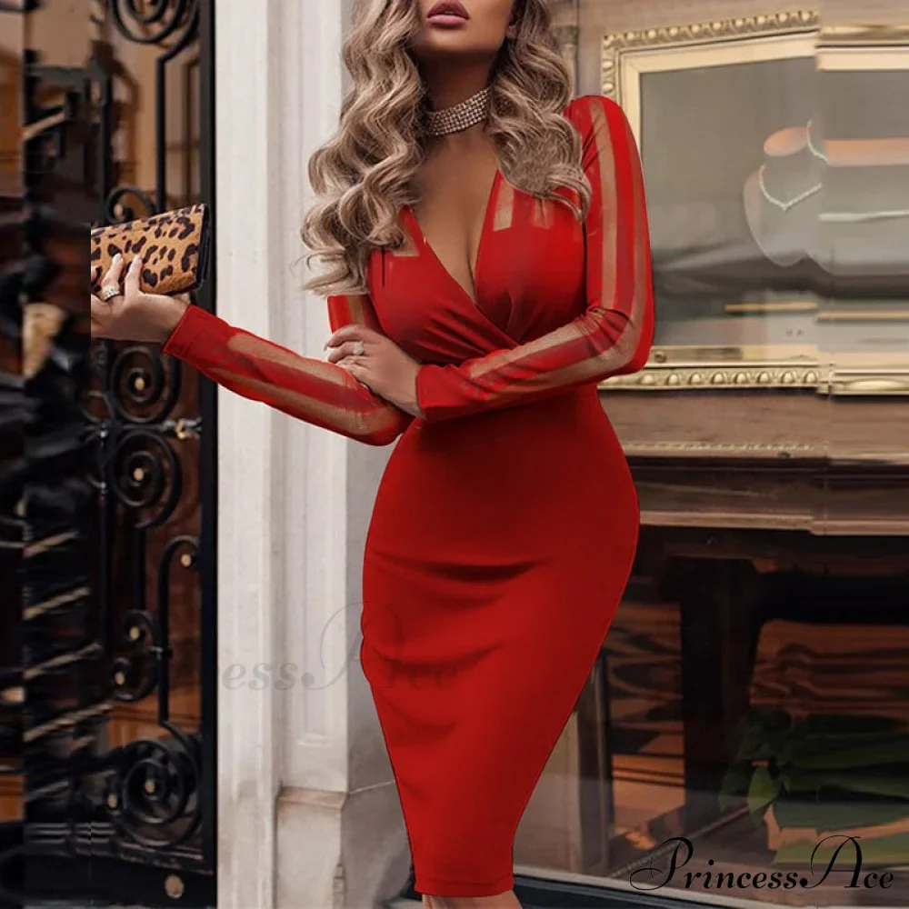 Elegant V Bodycon Sequin Club Party Deep Neck Patchwork with Long Slim Sleeves - Gown Dress - Image 14