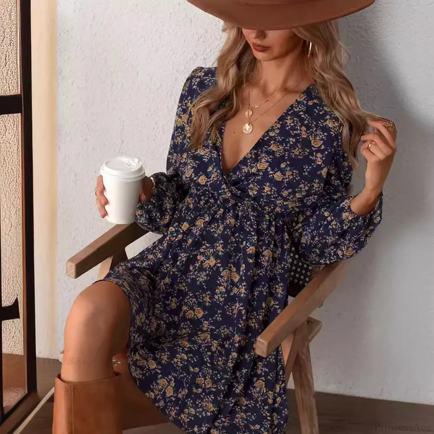 Elegant V-Neck Floral Mini Chiffon Dress - Image 3
