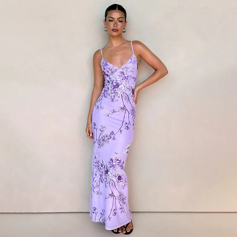 Elegant V-neck Floral Purple Cami Bodycon Maxi Dress - Image 5