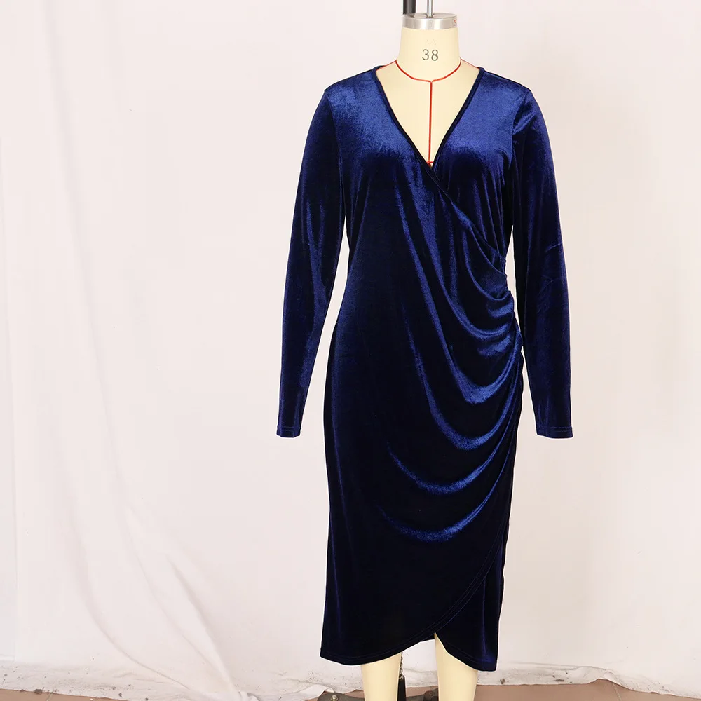 Elegant Velvet Bodycon Dress Women Sexy Wrapped V-neck Long Sleeve Party Dress - Image 6