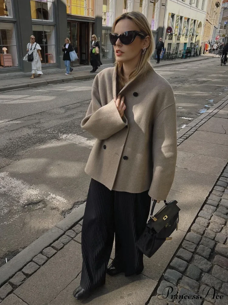 Elegant Warm Solid Woolen Cropped Stand Collar Double Breasted Long Sleeves Stylish Coat - Image 4