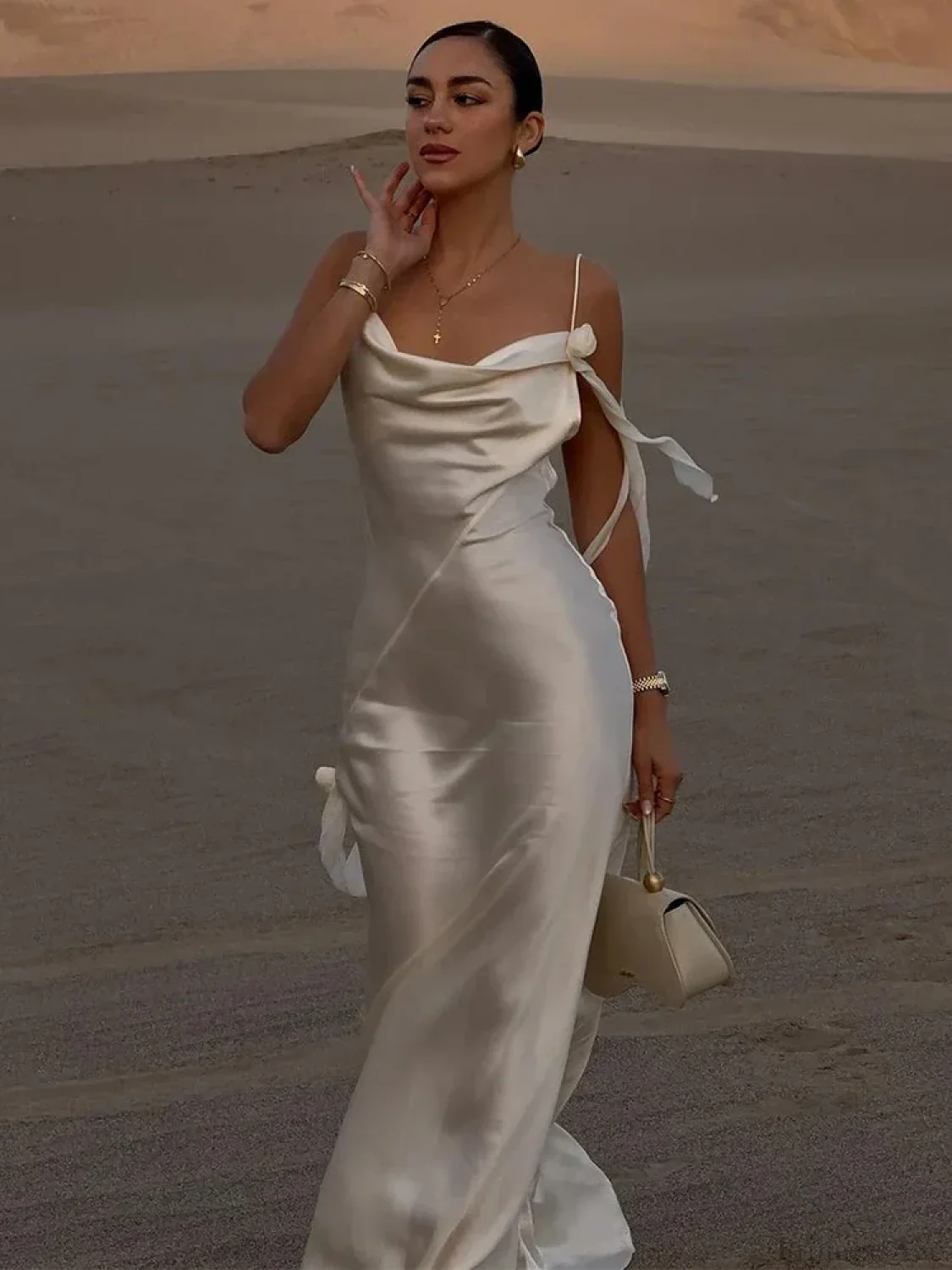 Elegant White Satin Maxi Vacation Dress - Image 4