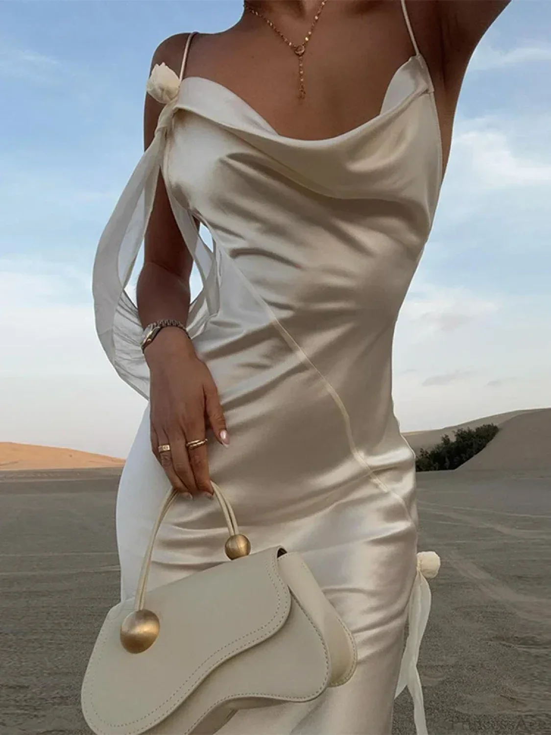 Elegant White Satin Maxi Vacation Dress - Image 7