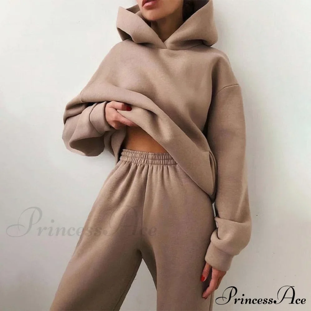 Elegant with Long Sweatshirt Women's Set and Hoodie Lace-Up Warm Pant Solid Detail