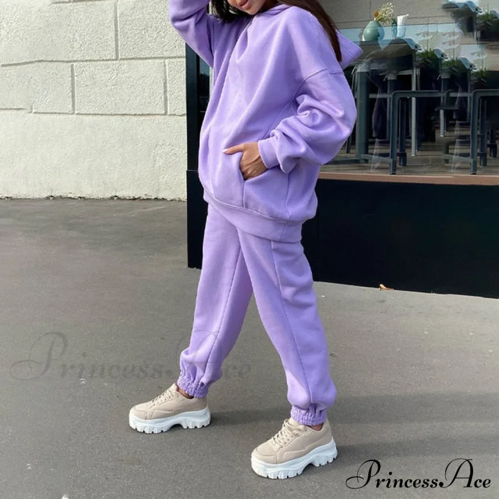 Elegant with Long Sweatshirt Women's Set and Hoodie Lace-Up Warm Pant Solid Detail - Image 12