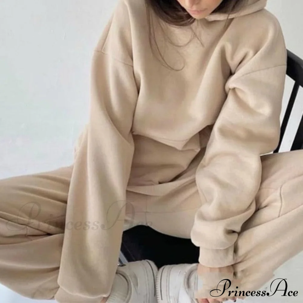 Elegant with Long Sweatshirt Women's Set and Hoodie Lace-Up Warm Pant Solid Detail - Image 3